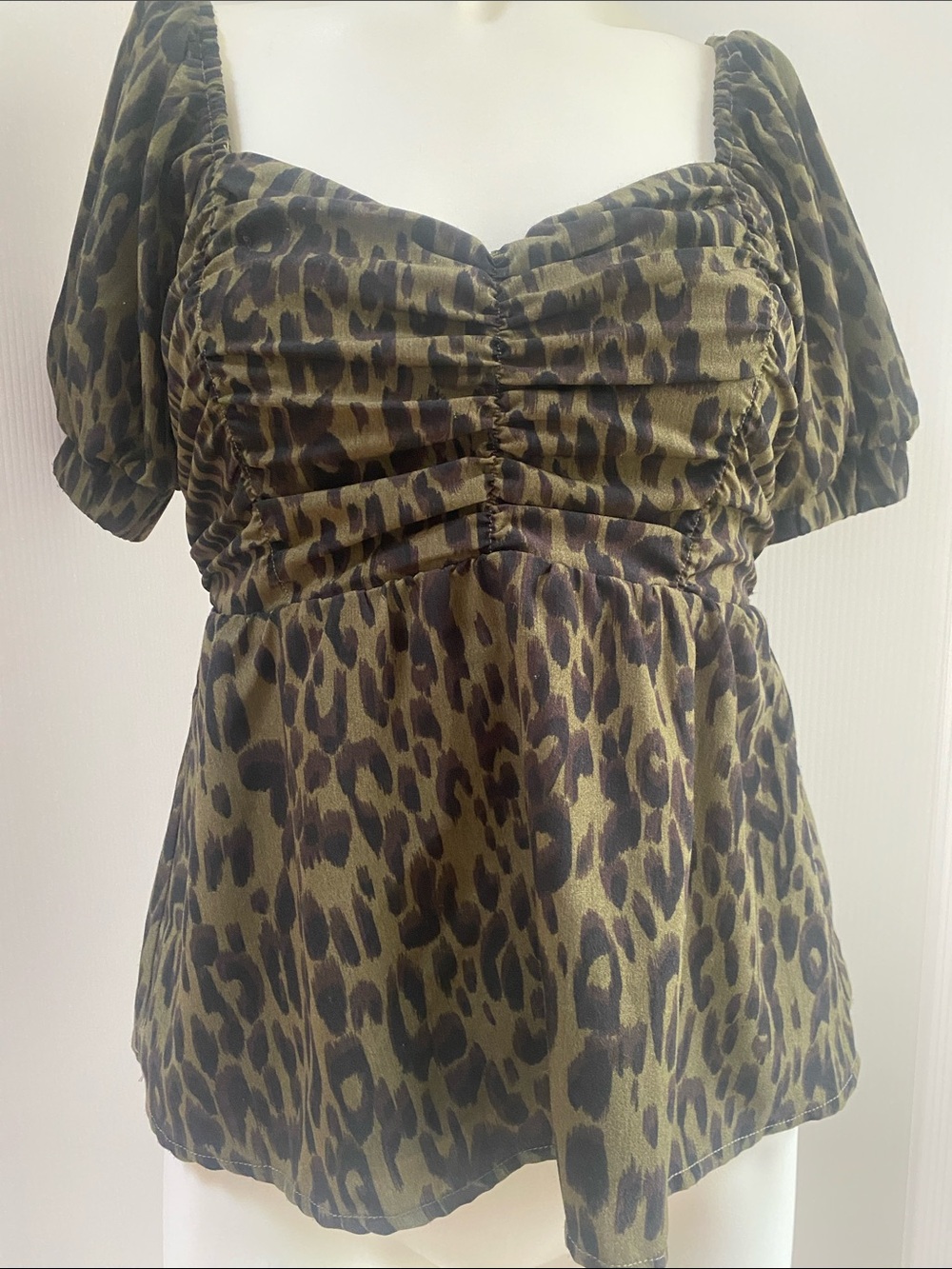 Olive Leopard Ruched Sweetheart Peplum Blouse